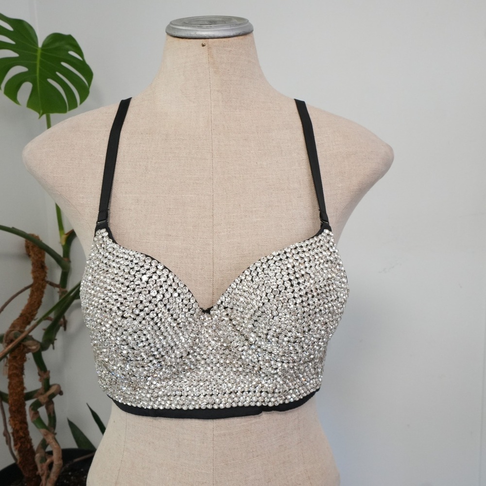 ELLACCI Rhinestone Push Up Bustier Crop Top Medium 38/85 Black Silver Rave